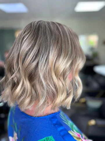 Blonde balayage on short bob with soft waves - hair salon Huntington York